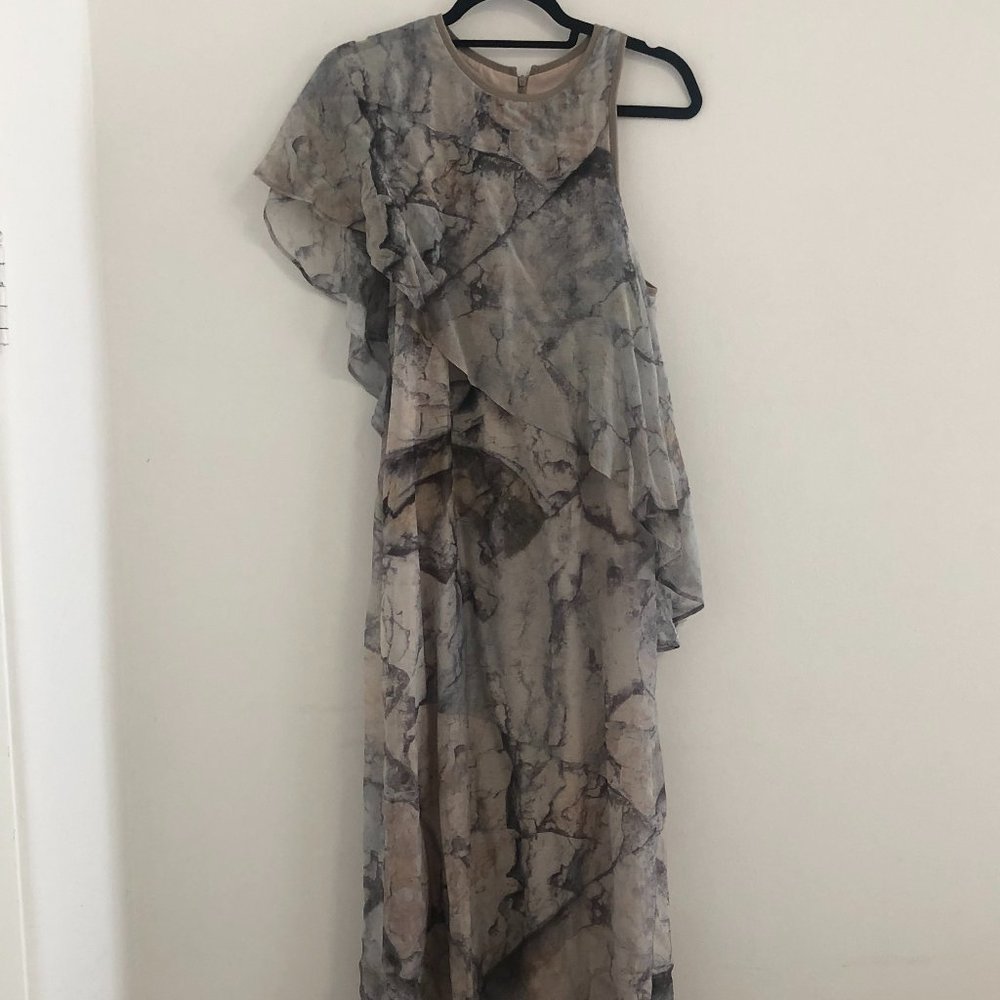 MNG (Mango) grey, black, mauve asymmetric top and hem midi dress, size L
